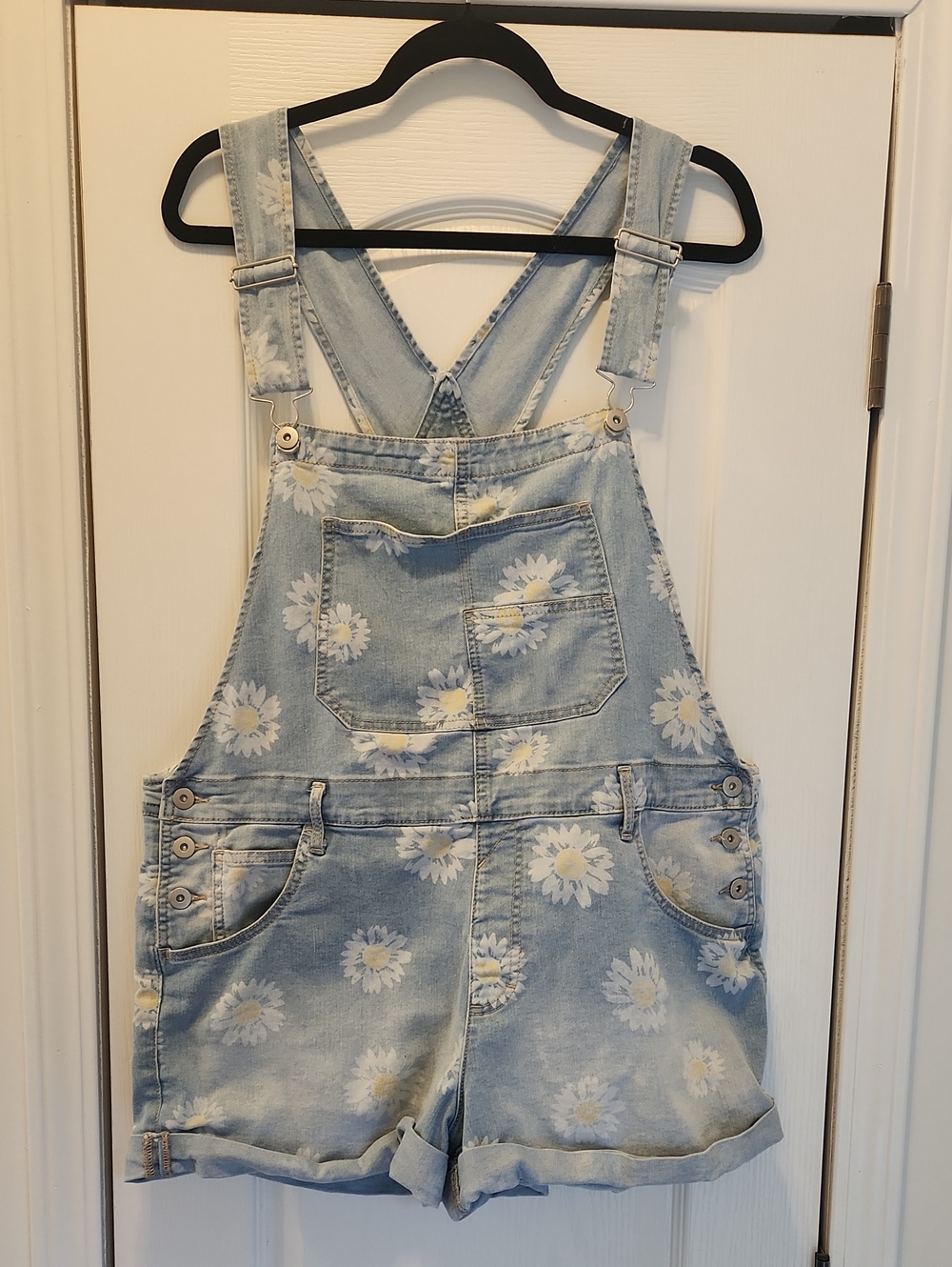 No Boundaries Light Blue Daisy-Print Denim Overalls
